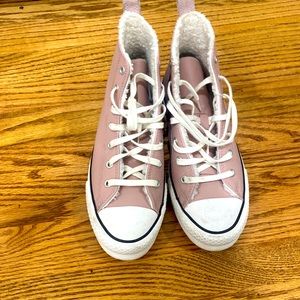 pink fuzzy platformed converses